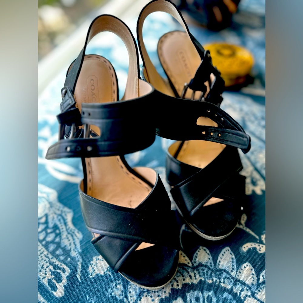 Coach leather open toe platform heels 4” leather heels